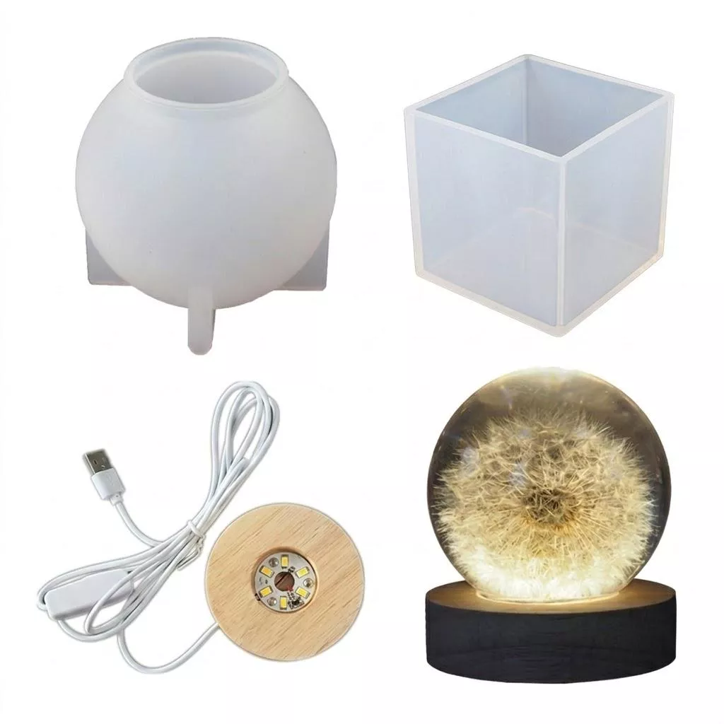 【聯韋樹脂】DIY水晶滴膠小夜燈模具組（圓球+正方體+底座）｜高透鏡面矽膠／易脫模／手作星空燈、乾燥花燈首選