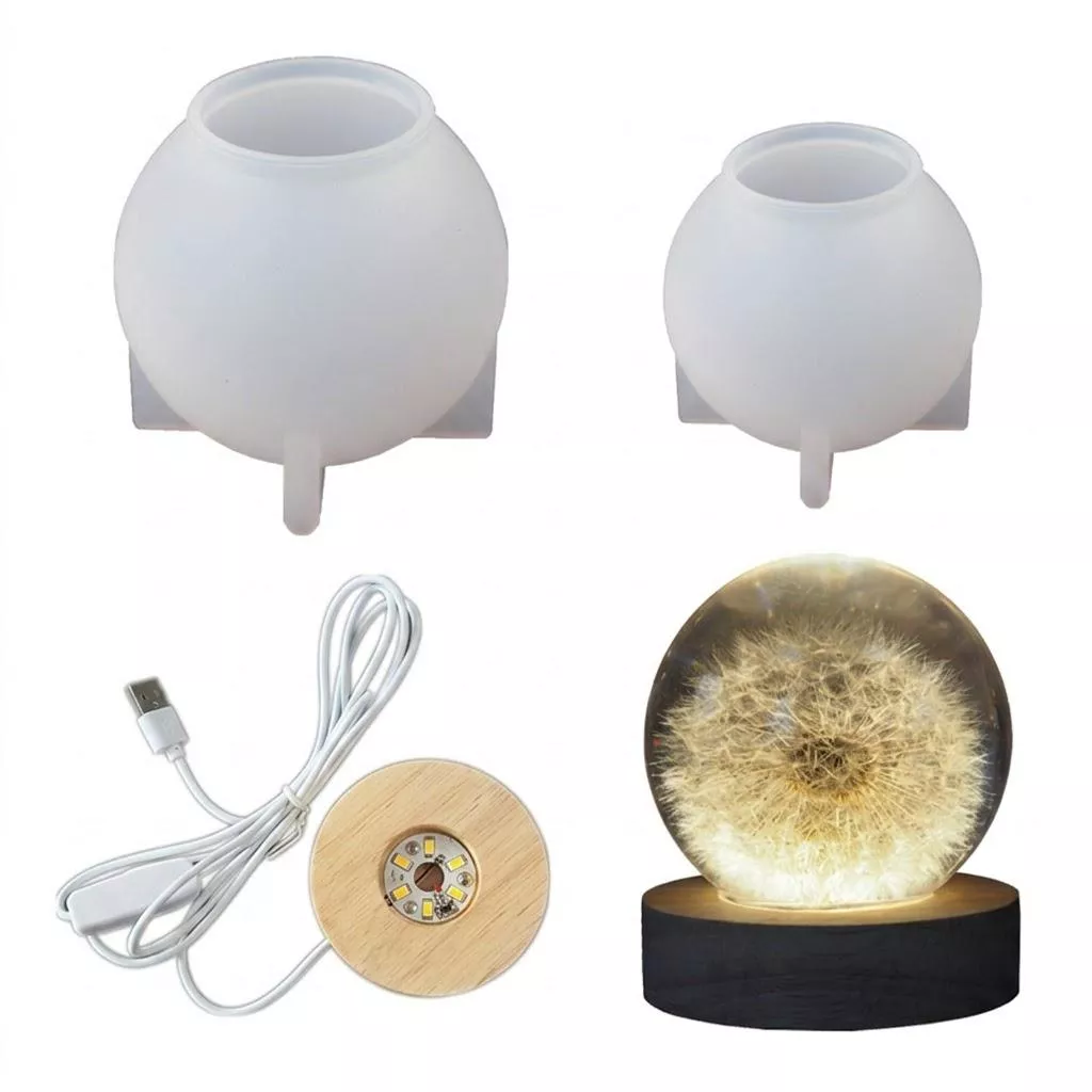 【聯韋樹脂】DIY水晶小夜燈模具組（圓球+底座）｜環氧樹脂矽膠模具／易脫模／手作星空燈、乾燥花燈