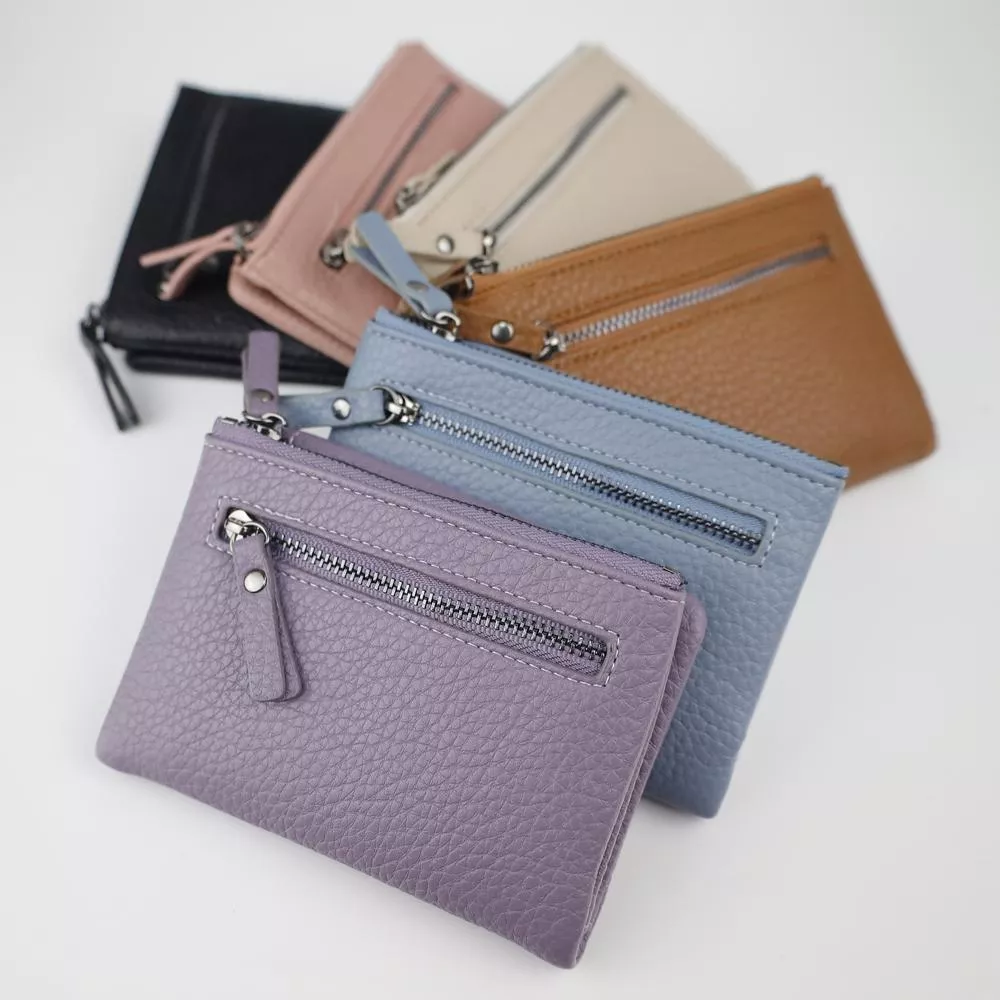 柔軟皮革雙折式雙拉鍊短夾 隱形磁扣 多卡位錢包 女用皮夾 100077