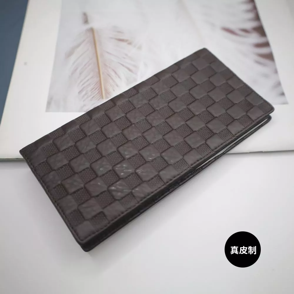 <真皮>經典立體棋盤格紋雙折長夾 男夾