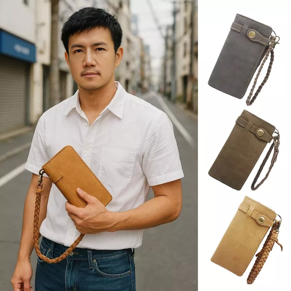 經典工藝。職人手作。 瘋馬皮超手感真皮牛皮長夾　編織腰鏈