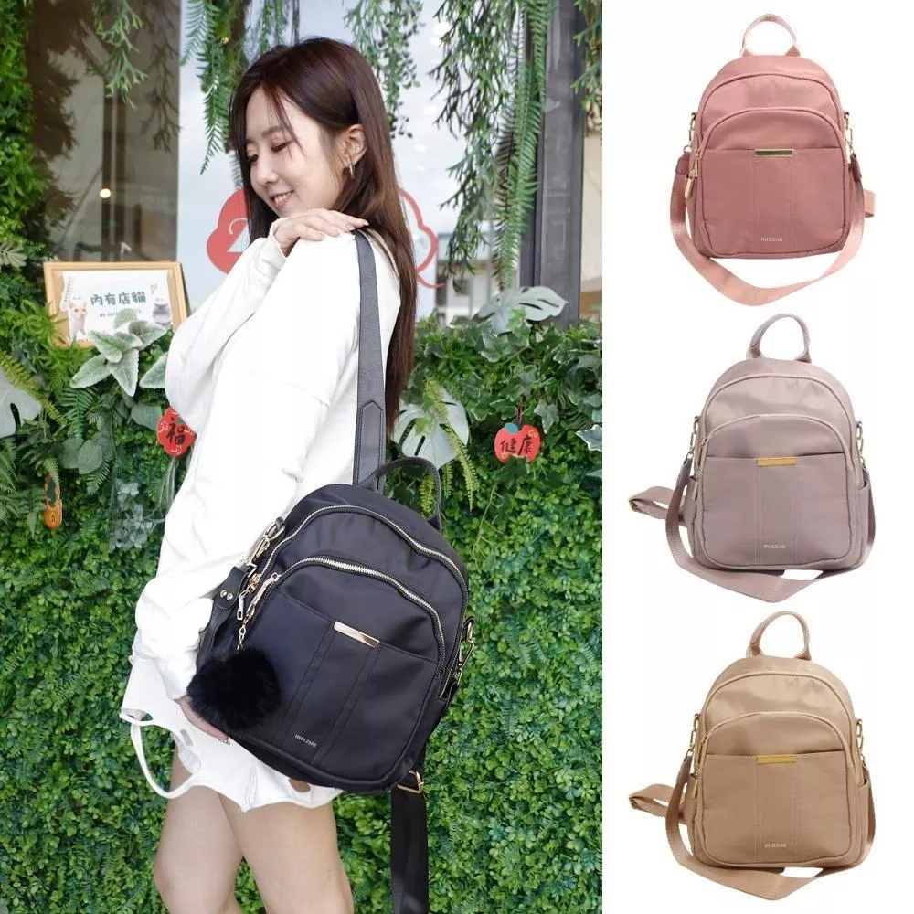 尼龍後背包 毛球吊飾後背包 小後背包 後背包女  後背包小 雙肩包 9609