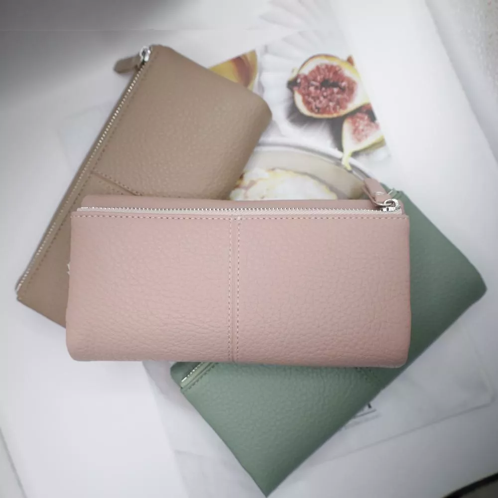 柔軟皮革線紋雙層拉鍊長夾 隱形磁扣 多卡位錢包 女用皮夾 多功能長夾 H39921