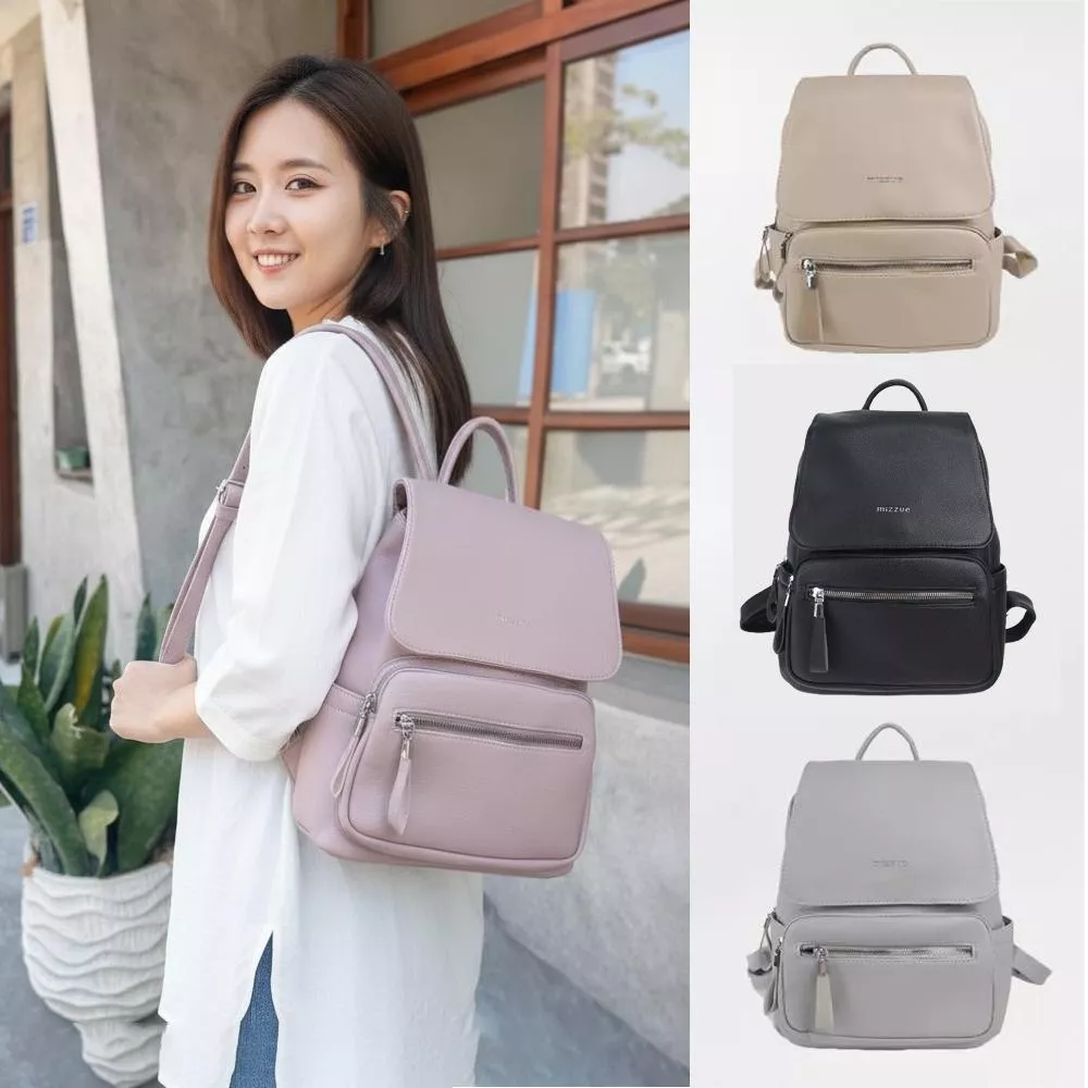 mizzue 厚挺皮革大容量前蓋式後背包 女生包包 女生後背包 1895