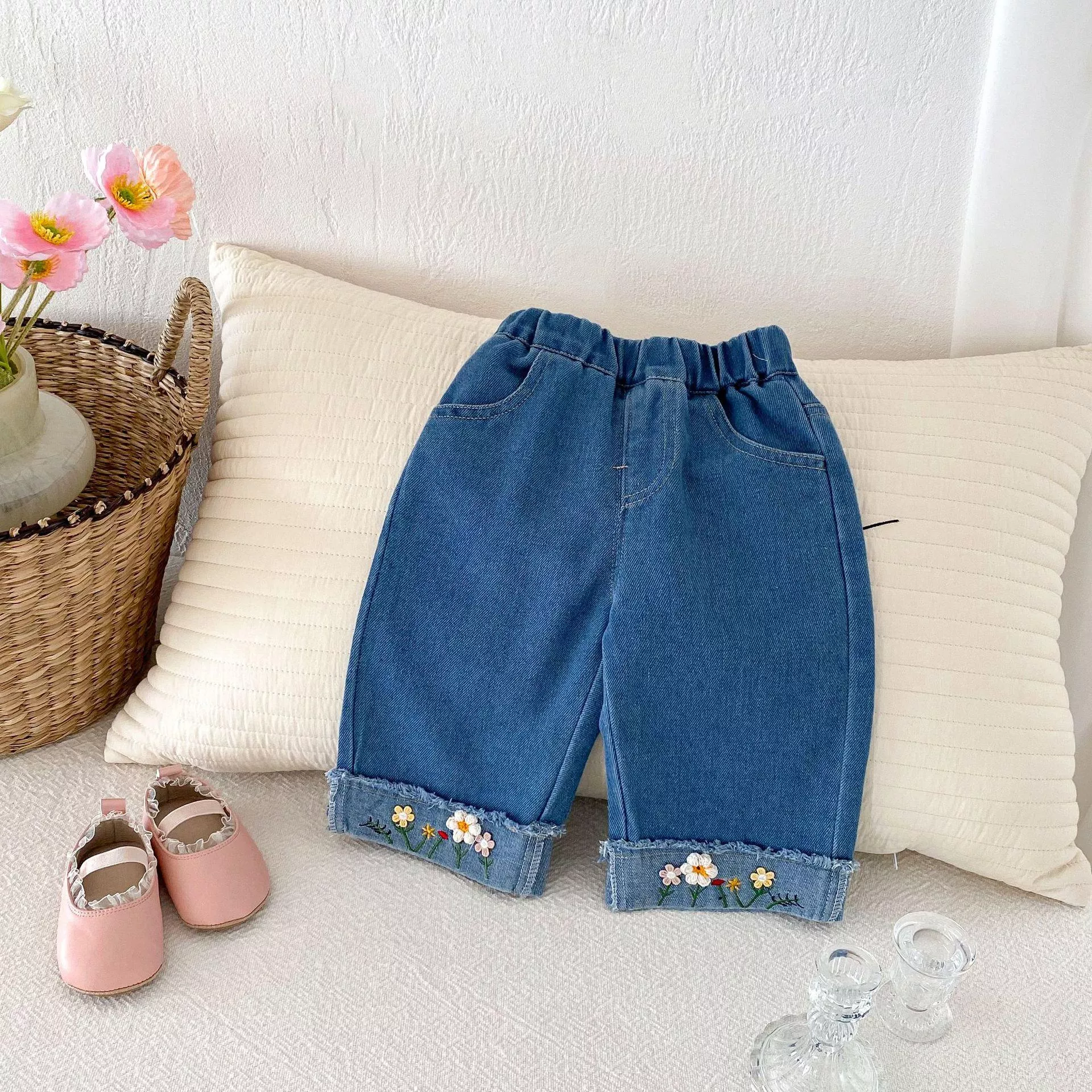 秋款韓版小花反摺牛仔褲