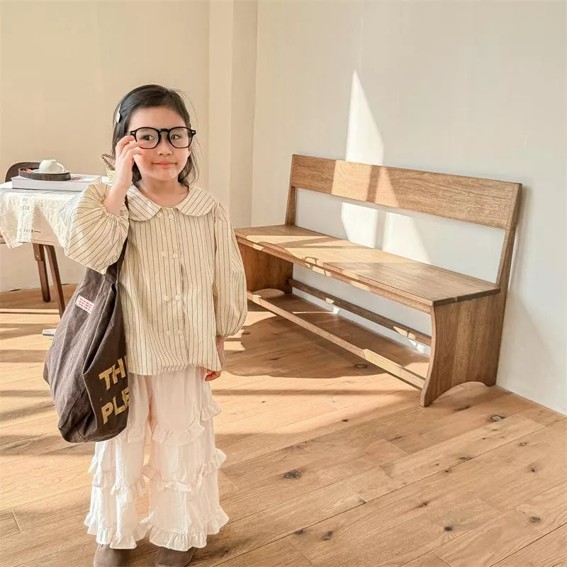 秋款韓版直條紋麻棉刺繡襯衫