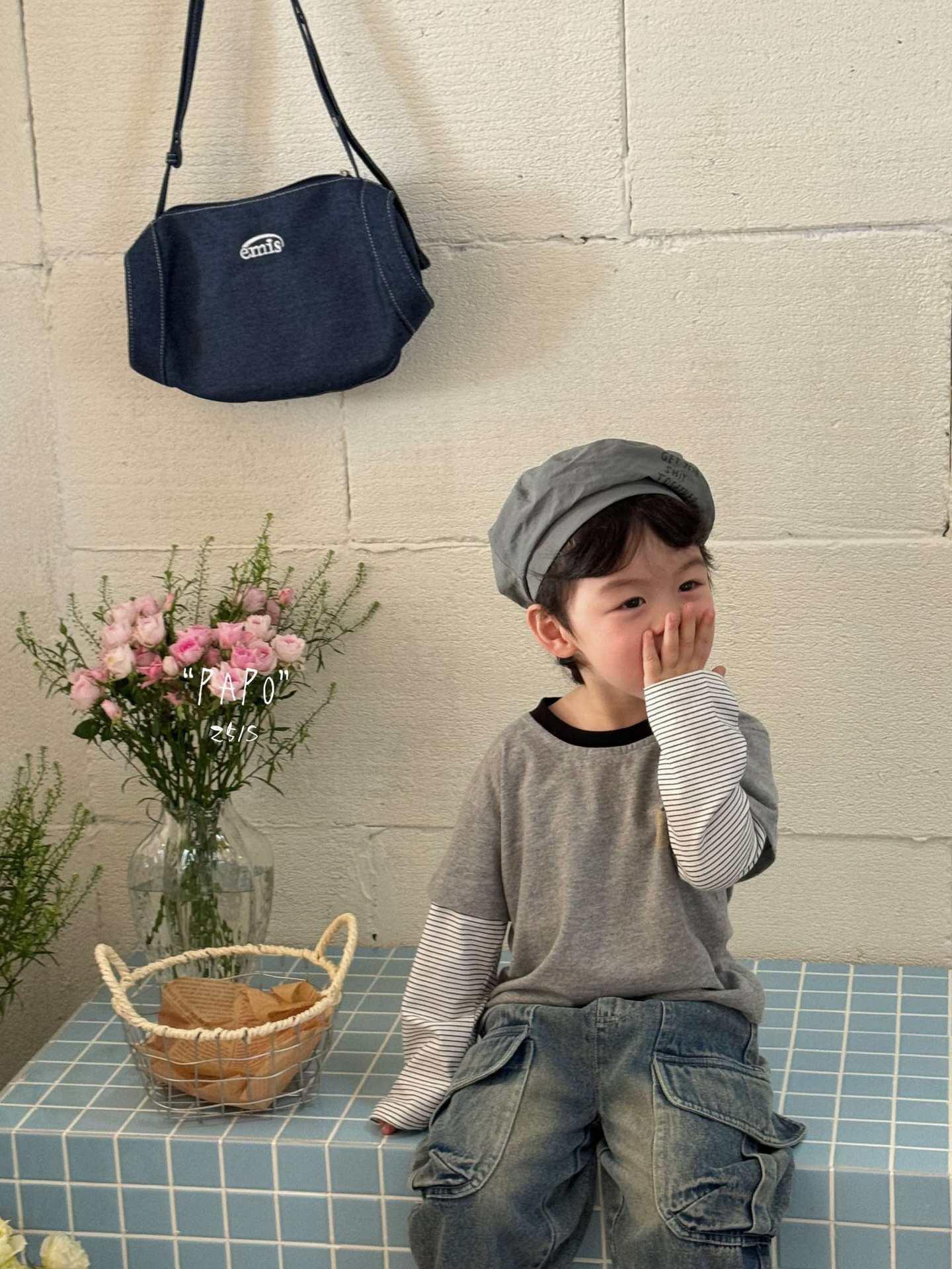 韓系條紋拼接假兩件T-Shirt