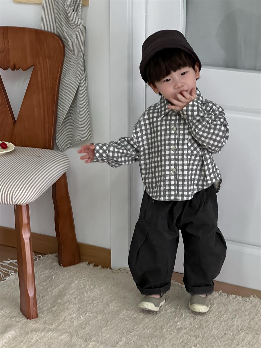 韓系翻領格子兩件套裝