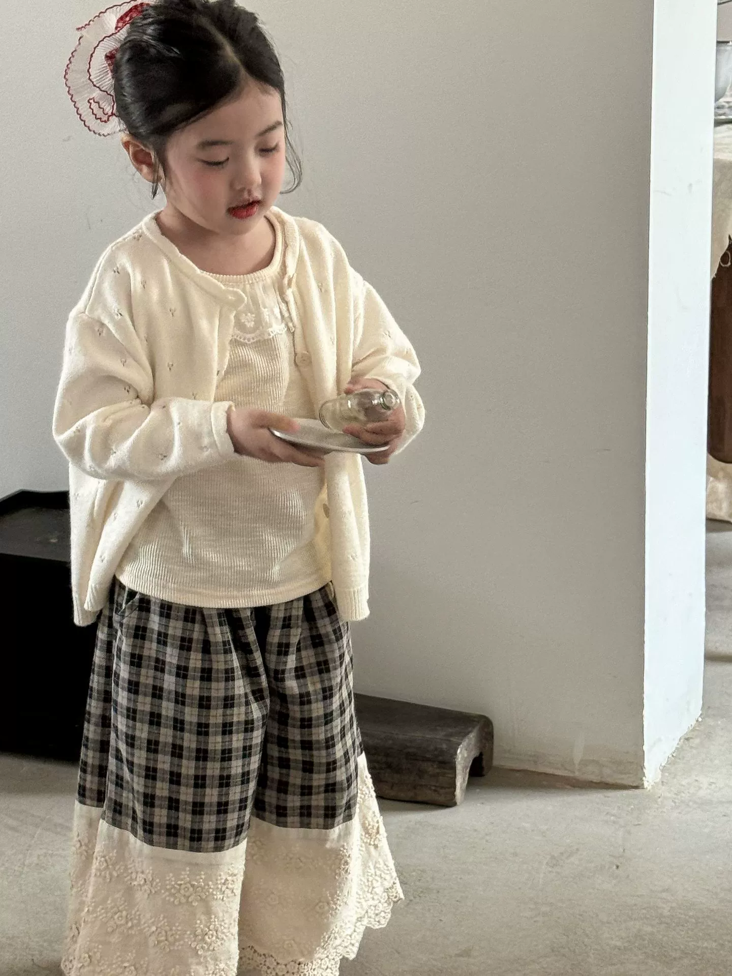 韓版復古拼接格子蕾絲寬鬆格子褲