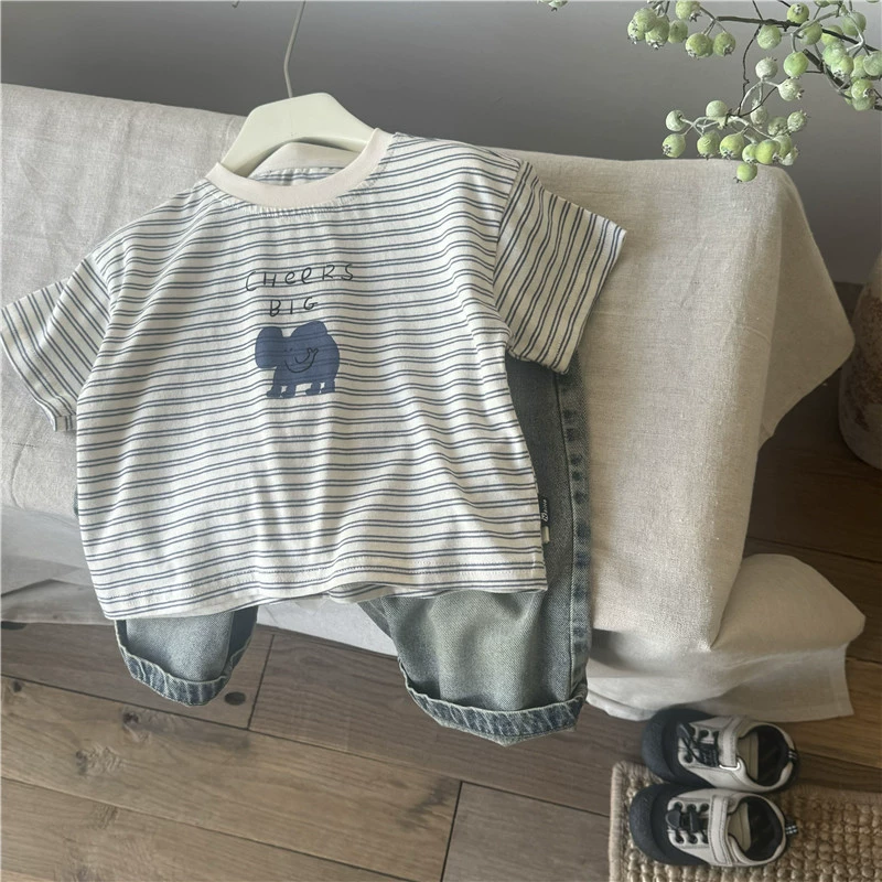 韓版小象印花條紋T-Shirt