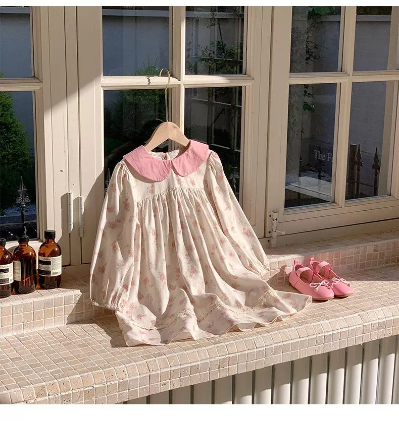 法式碎花娃娃領撞色甜美公主裙