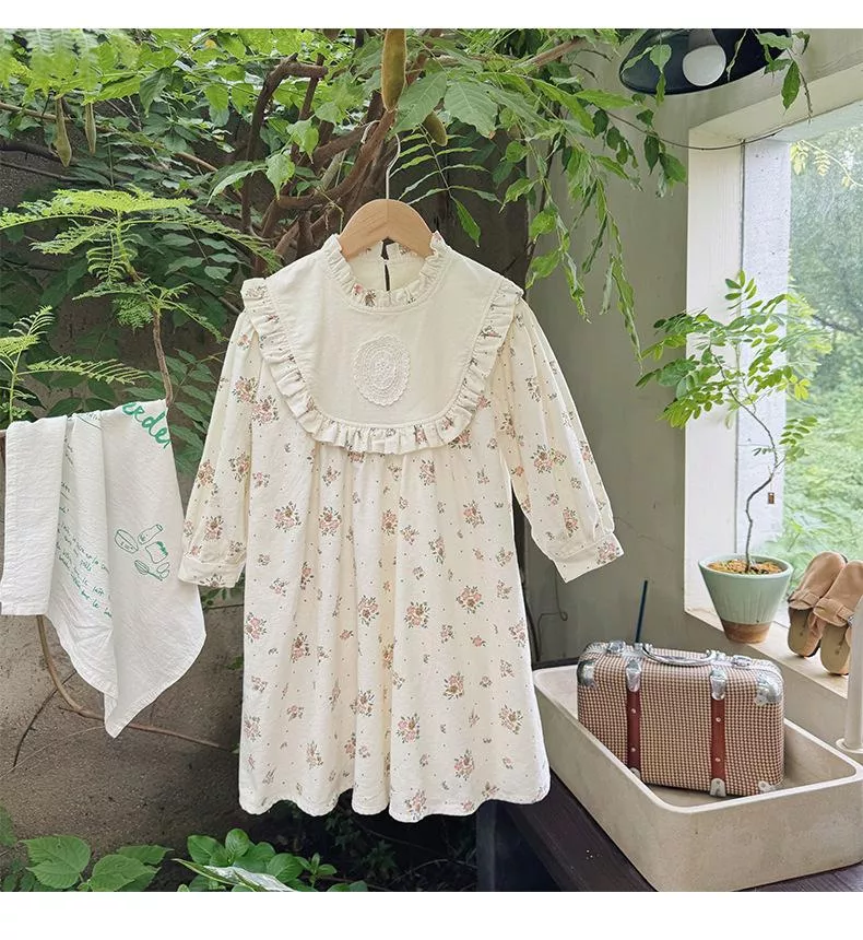 韓版復古立領花邊磨毛棉裙