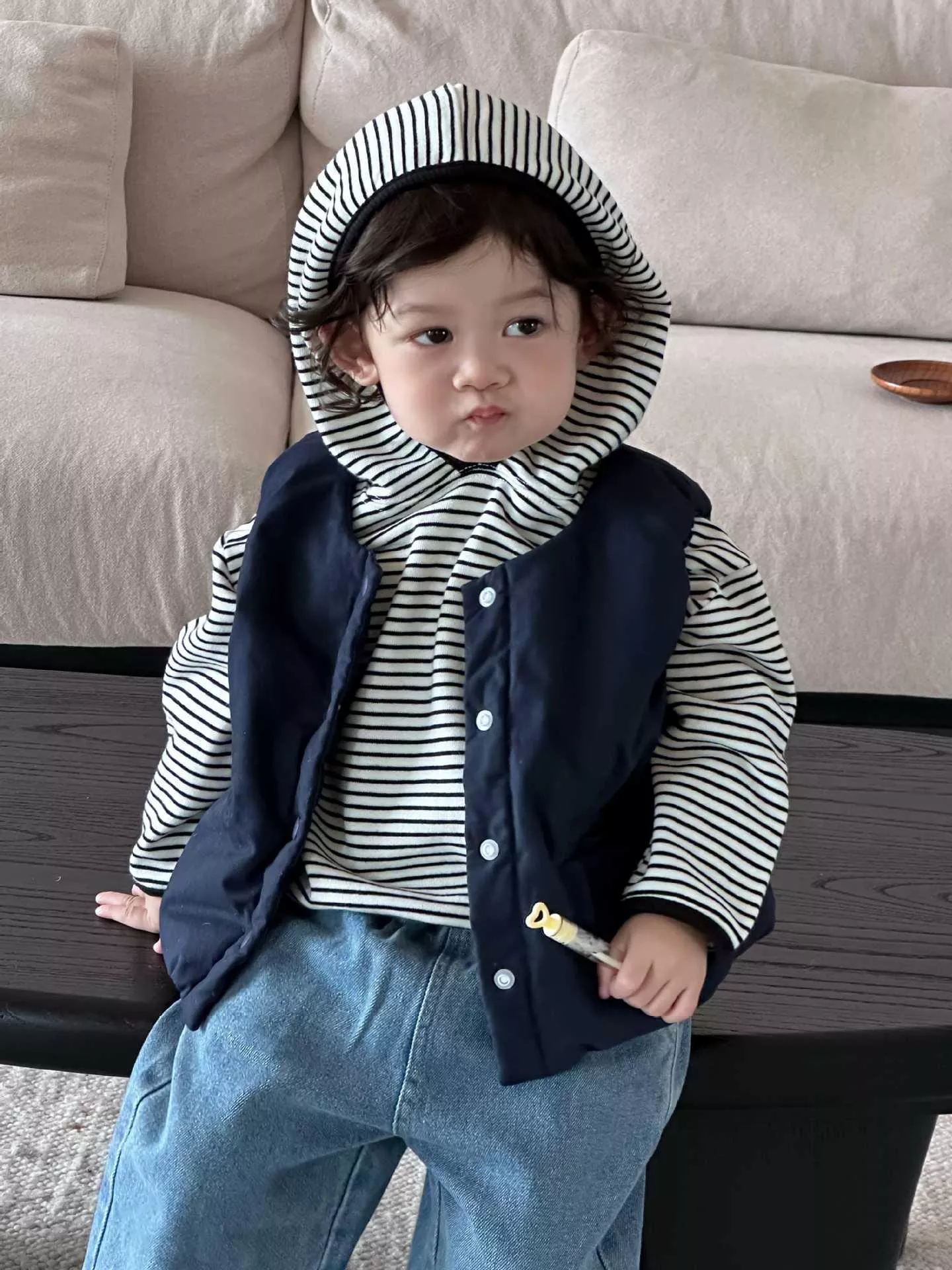 韓版條紋帽T牛仔套装