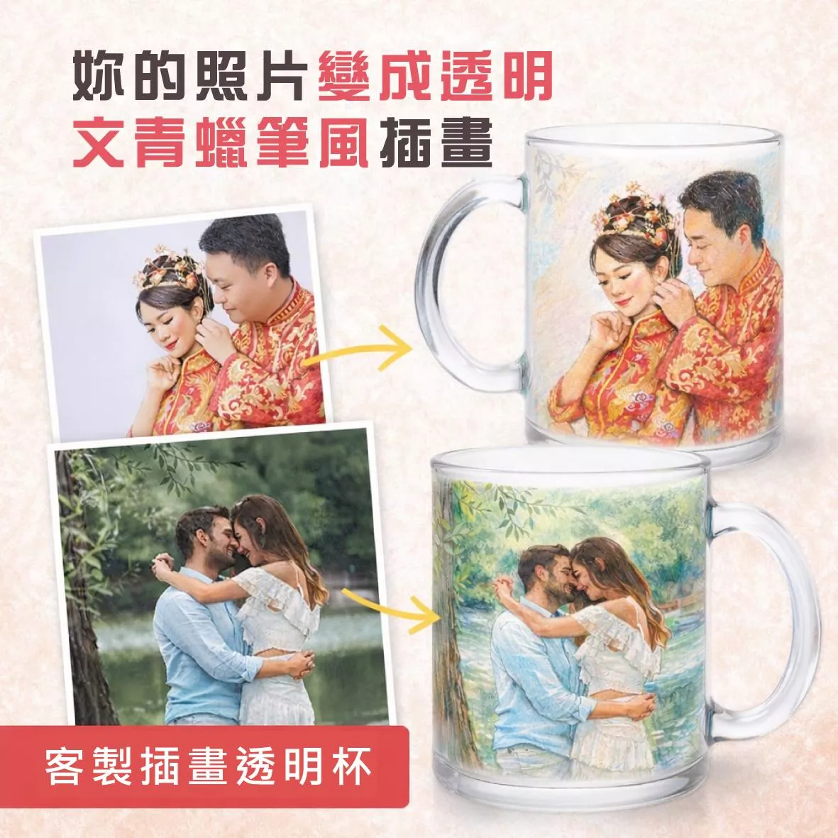 時光蠟筆・透明插畫杯 客製化文青蠟筆風透明杯｜情侶 / 情人節 / 週年 送禮首選