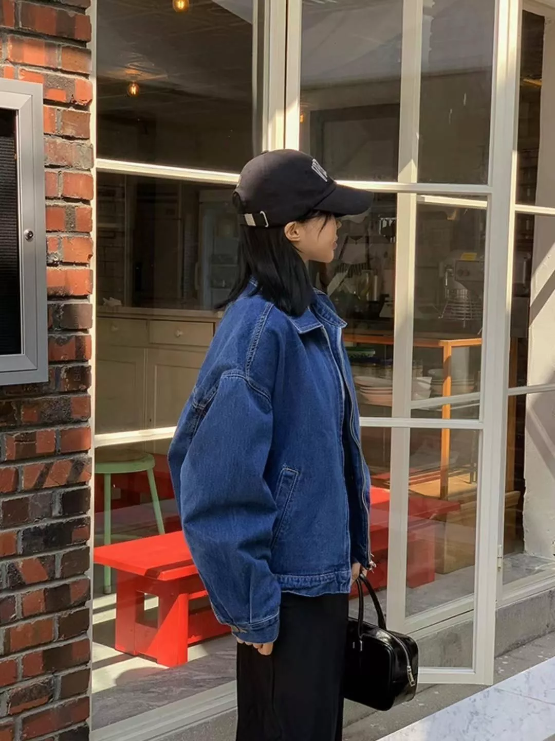 復古藍牛仔棒球外套