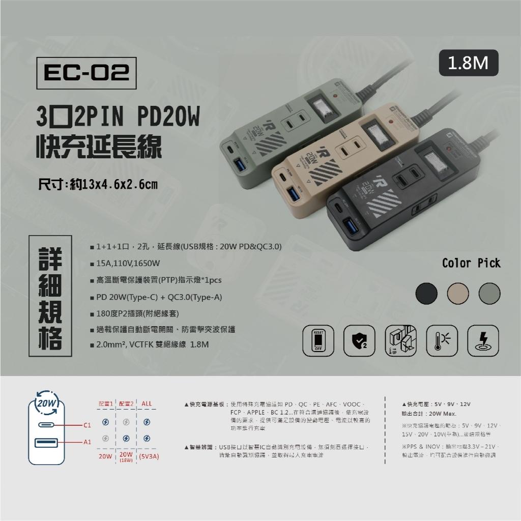 【營伙蟲1528】樂活不露 EC-02機甲風延長線3口2PIN PD20W 快充延長線 動力線 電源插座 充電器