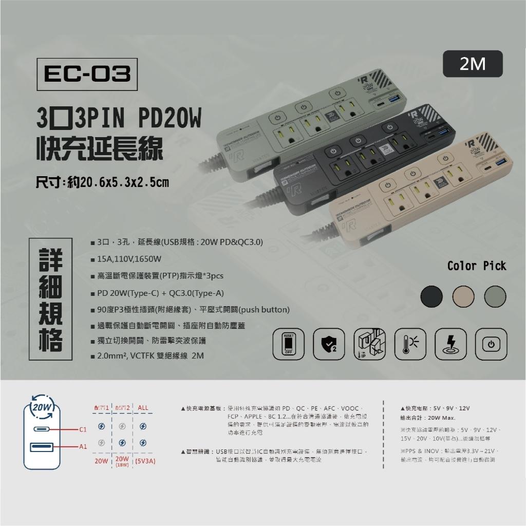 【營伙蟲1529】樂活不露 EC-03機甲風延長線 3PIN PD20W 快充延長線 動力線 電源插座 充電器