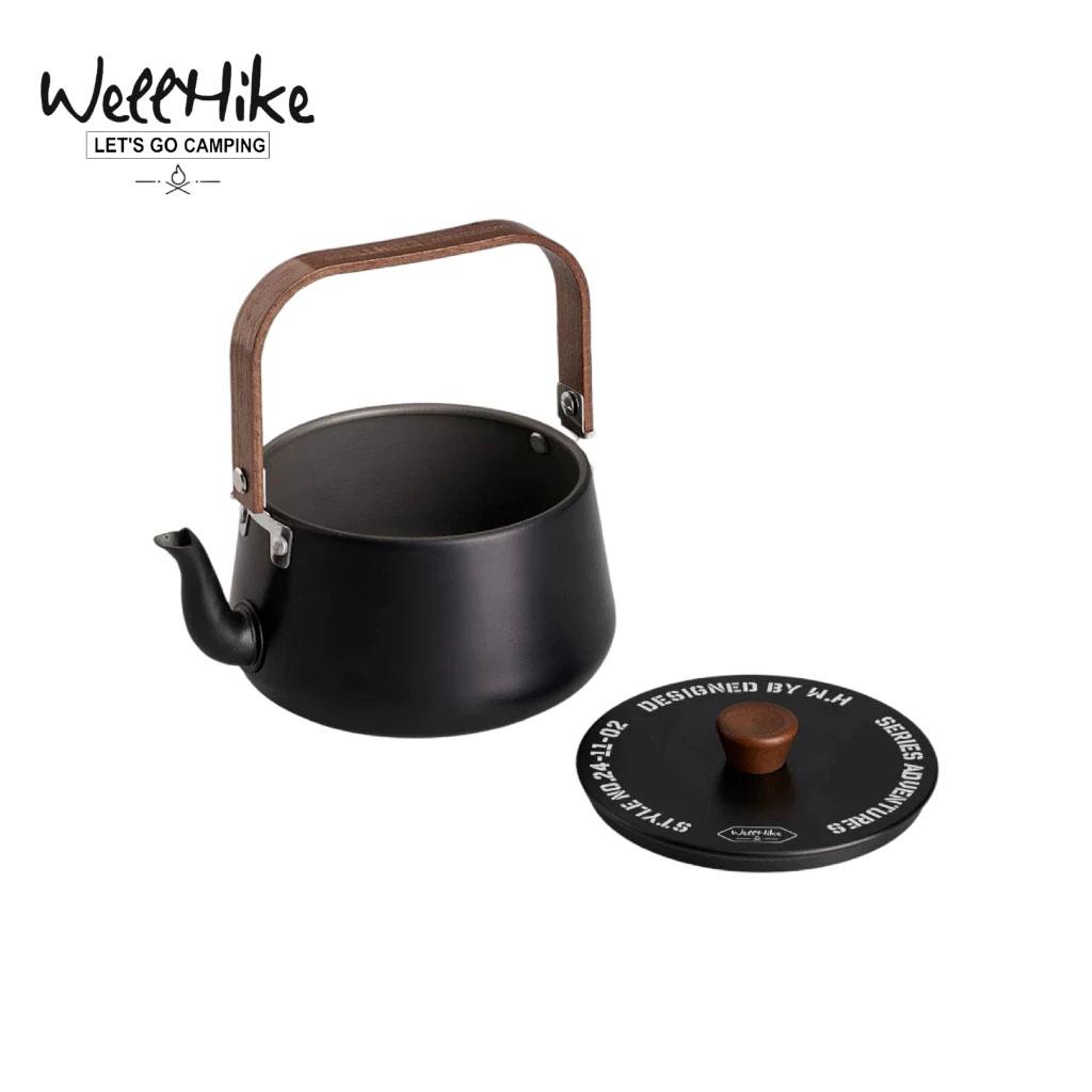 WELLHIKE鈦黑鋁合金煮水壺 燒水壺茶壺1.1公升 胡桃木提手 輕量化 鋁製燒水壺 煮水壺