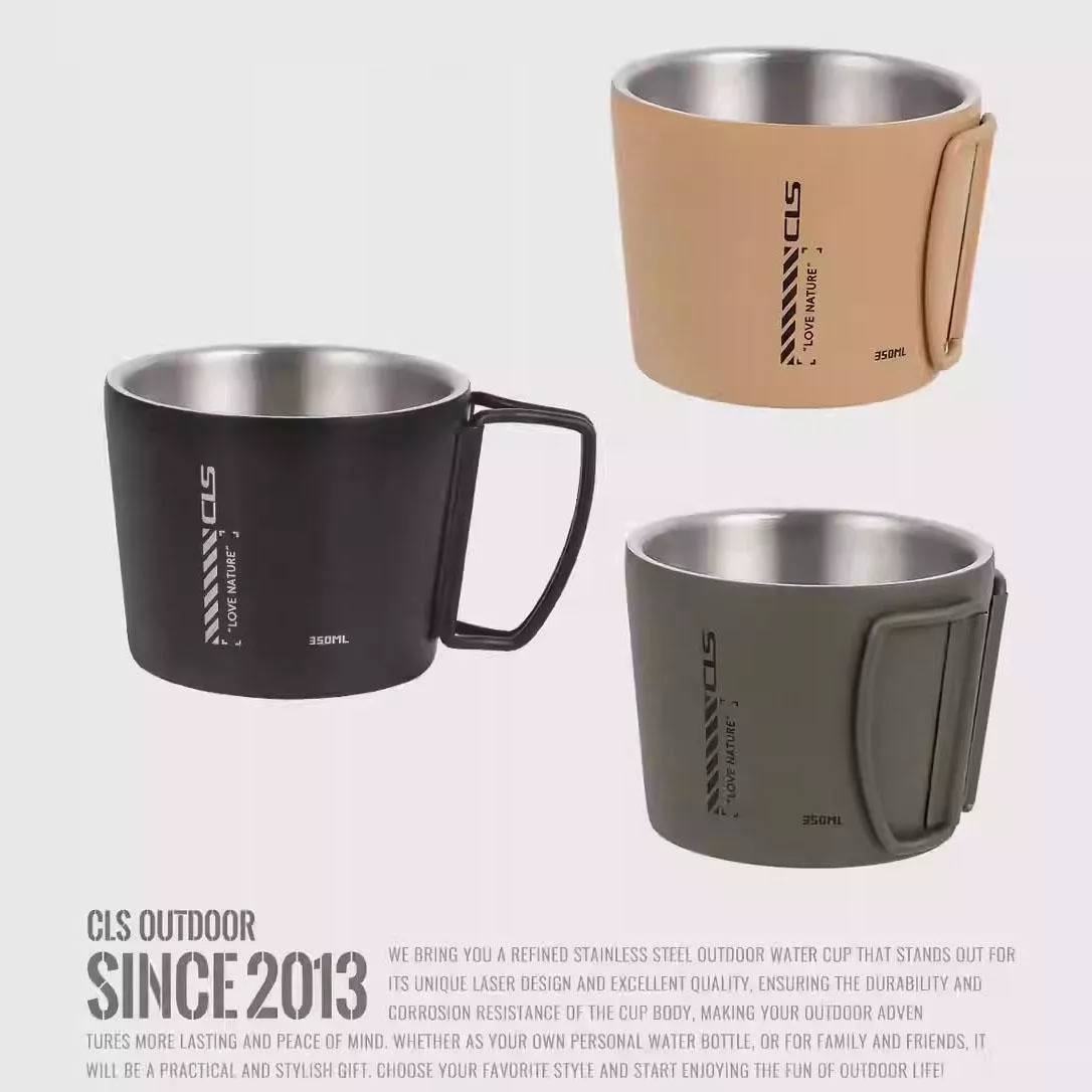 【營伙蟲2057】CLS 304不鏽鋼摺疊水杯 350ml不鏽鋼杯 鋼杯 露營杯 水杯 露營 把手可折疊 雙層中空設計