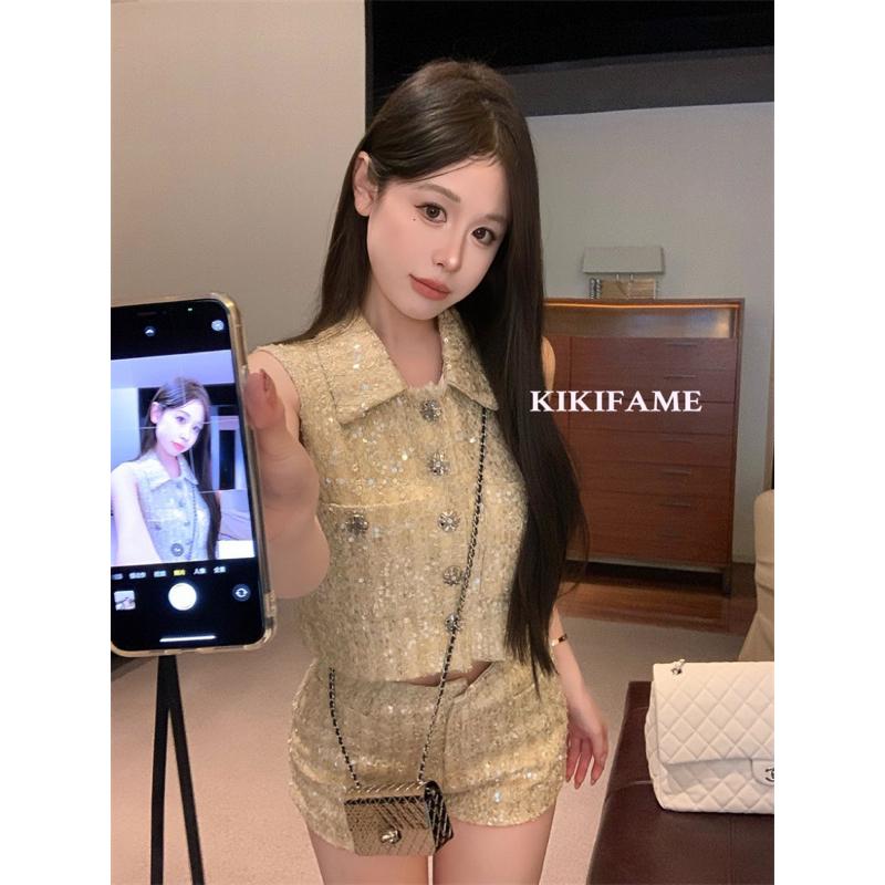 KIKIFAME✨千金小姐姐亮片馬甲背心 短褲 兩件套 小香風套裝 粗花呢背心 翻領背心 短版背心 小香風短褲 休閒短褲