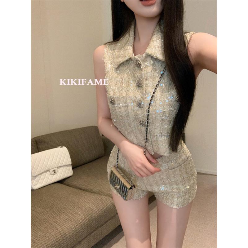 KIKIFAME✨千金小姐姐亮片馬甲背心 短褲 兩件套 小香風套裝 粗花呢背心 翻領背心 短版背心 小香風短褲 休閒短褲