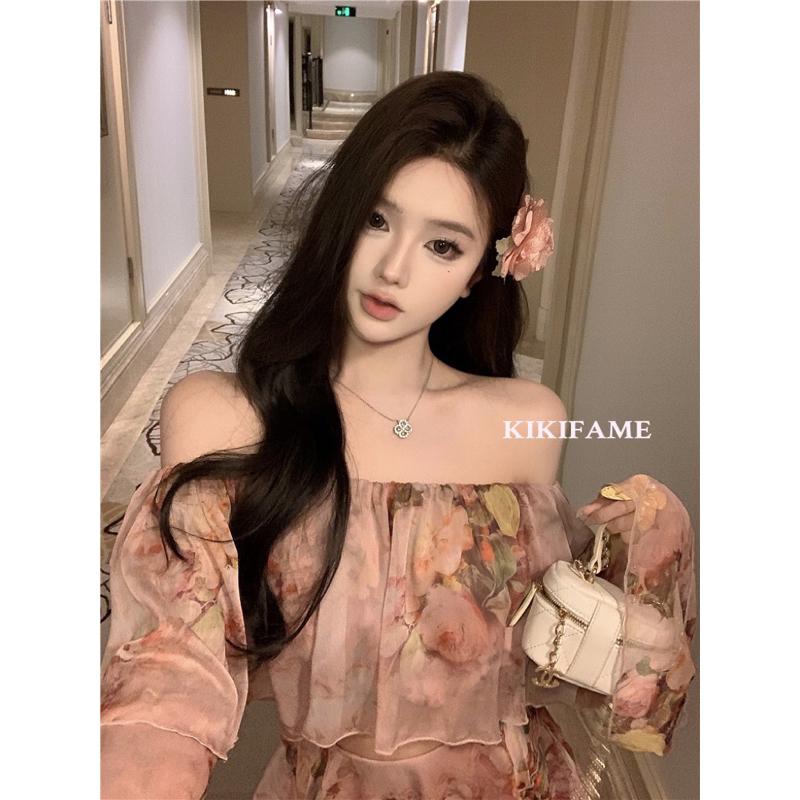 KIKIFAME💗仙女風碎花荷葉邊一字領上衣 A字短裙 雪紡衫 雪紡上衣 露肩上衣 碎花裙 兩件套 蛋糕裙 長袖雪紡