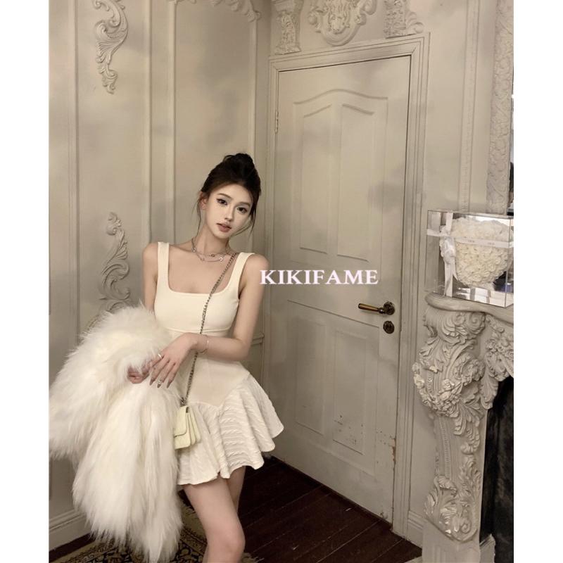 KIKIFAME🕊️氣質仙仙!純欲方領收腰拼接洋裝 A字洋裝 吊帶裙 吊帶洋裝 小香風 無袖洋裝 連身裙 短裙 蓬蓬裙