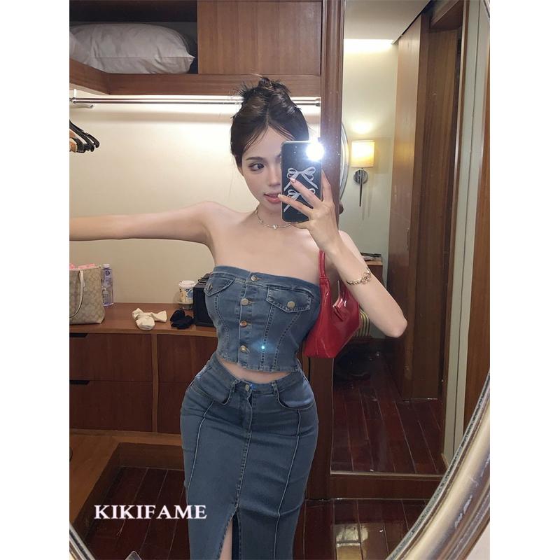 KIKIFAME🐻辣妹性感牛仔排扣平口背心 開衩牛仔長裙 牛仔裙套裝 兩件套 開衩裙 半身裙 牛仔套裝 包臀裙 牛仔背心