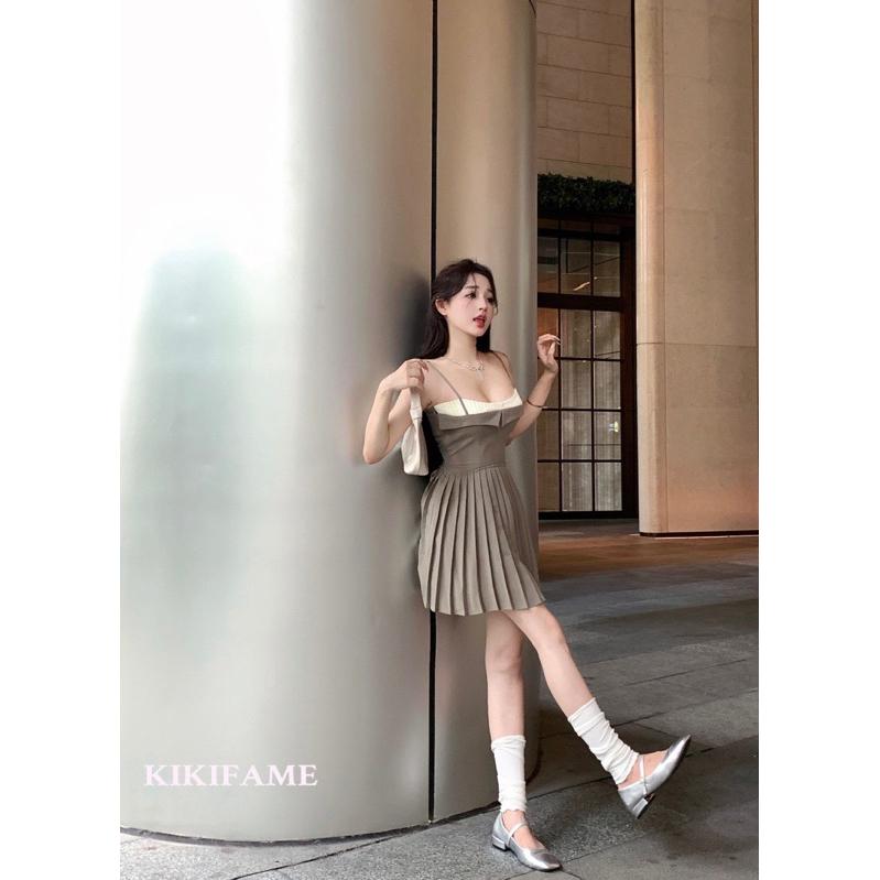 KIKIFAME🤎高級甜美假兩件拼接學院風百褶洋裝 撞色洋裝 吊帶洋裝 連身裙 拼接洋裝 收腰 A字洋裝 短裙 百褶裙