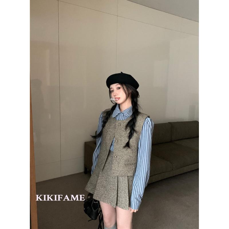 KIKIFAME🤎韓劇學院風條紋襯衫 馬甲背心 百褶裙 三件套 長袖襯衫 小香風馬甲 背心外套 短裙 高腰裙 百褶裙套裝