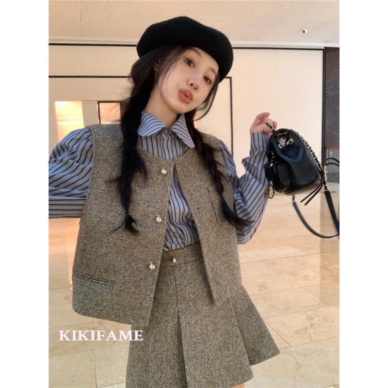 KIKIFAME🤎韓劇學院風條紋襯衫 馬甲背心 百褶裙 三件套 長袖襯衫 小香風馬甲 背心外套 短裙 高腰裙 百褶裙套裝