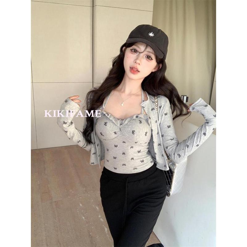 KIKIFAME🎀兩色 甜美蝴蝶結印掛脖背心背心+外套 休閒長褲 休閒套裝 兩件式上衣 罩衫 開衫 防曬 休閒褲 高腰褲