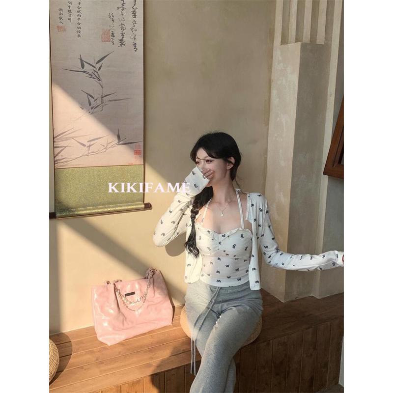 KIKIFAME🎀兩色 甜美蝴蝶結印掛脖背心背心+外套 休閒長褲 休閒套裝 兩件式上衣 罩衫 開衫 防曬 休閒褲 高腰褲