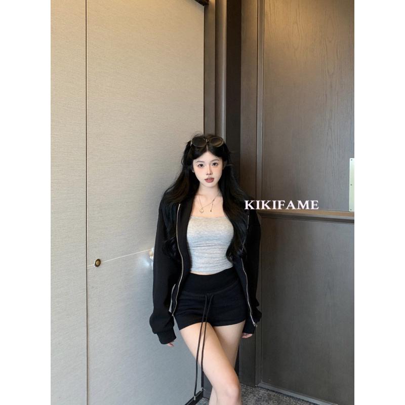 KIKIFAME🧋質感慵懶look!休閒連帽衛衣外套 休閒短褲 休閒套裝 兩件套 拉鏈外套 連帽外套 運動短褲 高腰短褲