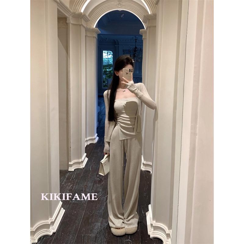 KIKIFAME💛燕麥杏慵懶不規則平口上衣 罩衫外套 休閒長褲 休閒套裝 開衩 平口背心 闊腿褲 直筒褲 開衫 三件套