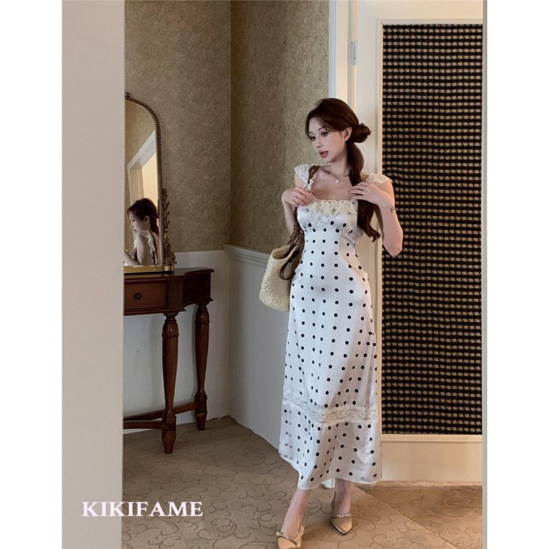 KIKIFAME🕊️女神系唯美蕾絲拼接波點美背長洋裝 吊帶洋裝 長裙 圓點洋裝 無袖洋裝 露背洋裝 收腰洋裝 緞面洋裝