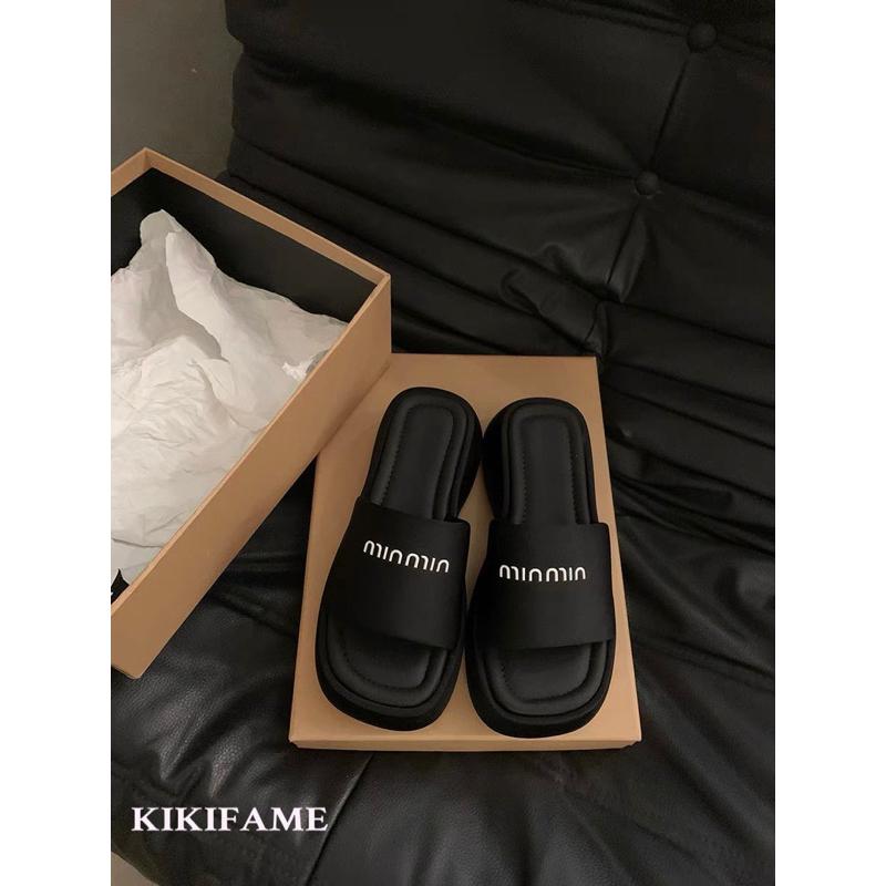 KIKIFAME🖤三款 質感水鑽字母百搭厚底拖鞋  涼拖鞋 一字拖 黑色拖鞋 厚底鞋 露趾鞋 增高鞋 字母拖鞋 涼鞋