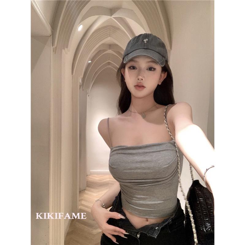 KIKIFAME🍒五色 自留大推入手!帶胸墊up~性感褶皺吊帶背心 細肩帶背心 胸墊背心 短版背心 百搭背心 性感背心