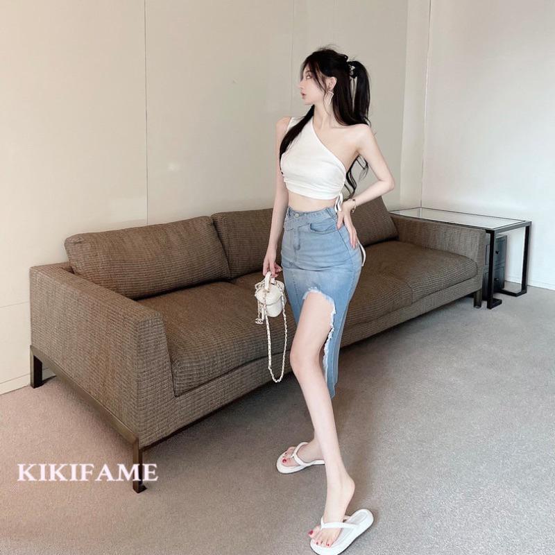 KIKIFAME🍦辣妹性感斜肩抽繩背心 不規則開衩牛仔裙 單肩背心 短版背心 牛仔裙套裝 兩件套 包臀裙 開衩裙 半身裙