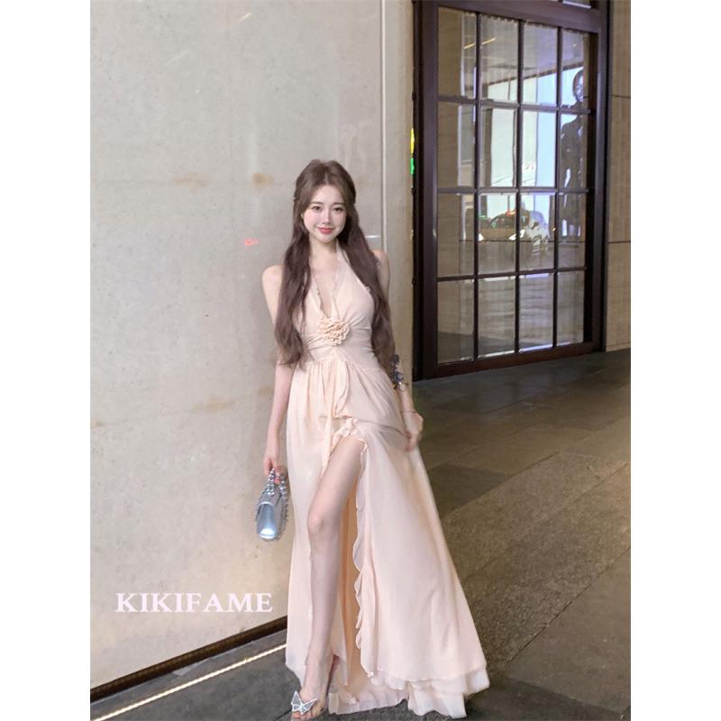 KIKIFAME🌸唯美女神系 | 渡假風V領美背開衩長洋裝 粉色洋裝 美背洋裝 渡假洋裝 A字洋裝 長裙 連身裙 傘洋