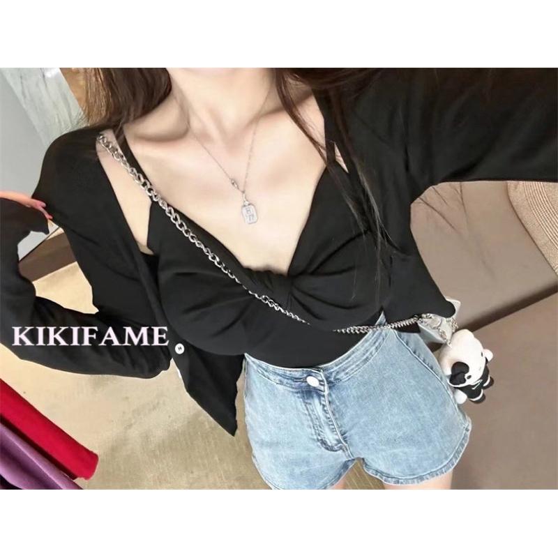 KIKIFAME🤍三色 小性感扭結V領吊帶背心+排扣外套 兩件套 套裝 兩件式上衣 胸墊背心 開衫 防曬外套 罩衫外套