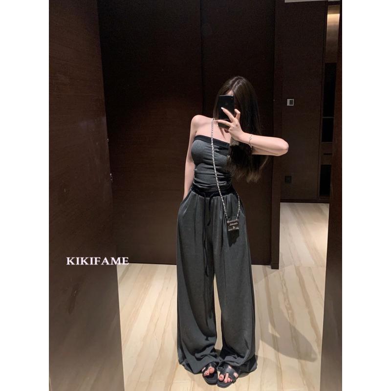 KIKIFAME🖤韓妞ootd! 兩色 撞色平口上衣+鬆緊腰長褲 平口背心 兩件套 平口套裝 休閒套裝 闊腿褲 休閒長褲