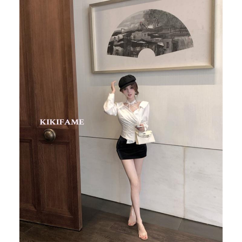 KIKIFAME🤍唯美純欲系·鏤空蕾絲掛脖吊帶背心 翻領白色襯衫 兩件套 套裝 蕾絲背心 掛脖背心 長袖襯衫 兩件式上衣