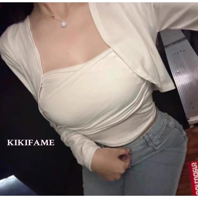 KIKIFAME💛三色 韓妞小性感褶皺平口上衣+罩衫外套 兩件套 平口背心 抓皺上衣 小外套 長袖開衫 兩件式上衣 套裝