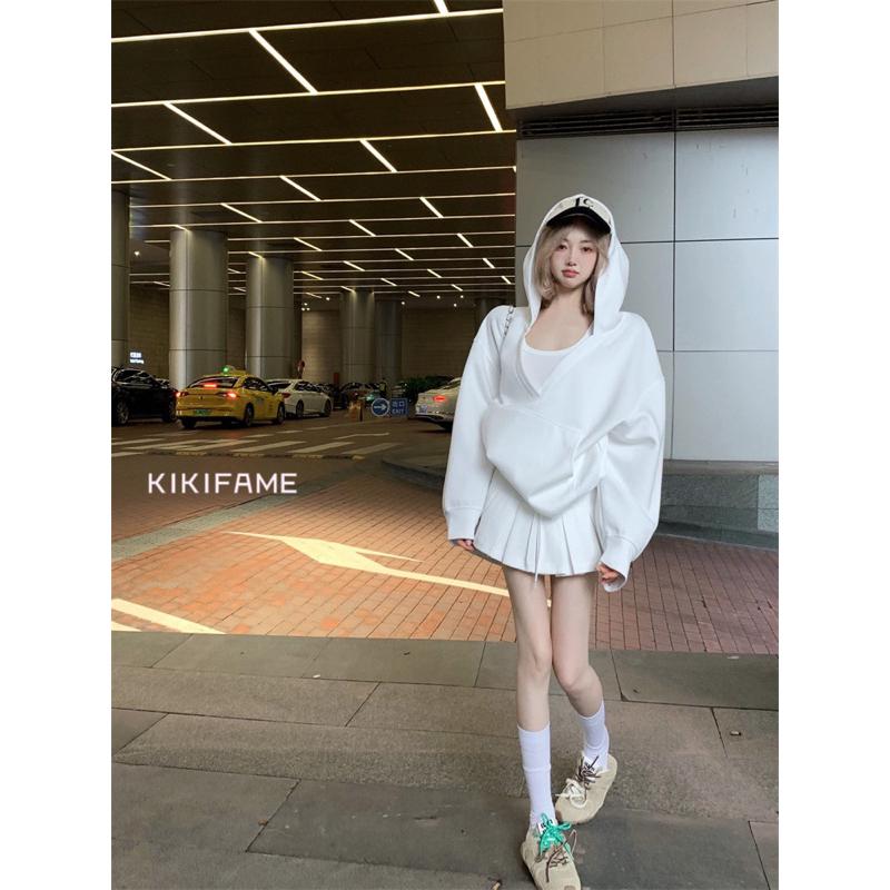 KIKIFAME🐰韓妞慵懶系·兩色 寬鬆連帽長袖衛衣 吊帶背心 百褶裙 休閒套裝 連帽上衣 帽T 百褶短裙 t恤 三件套