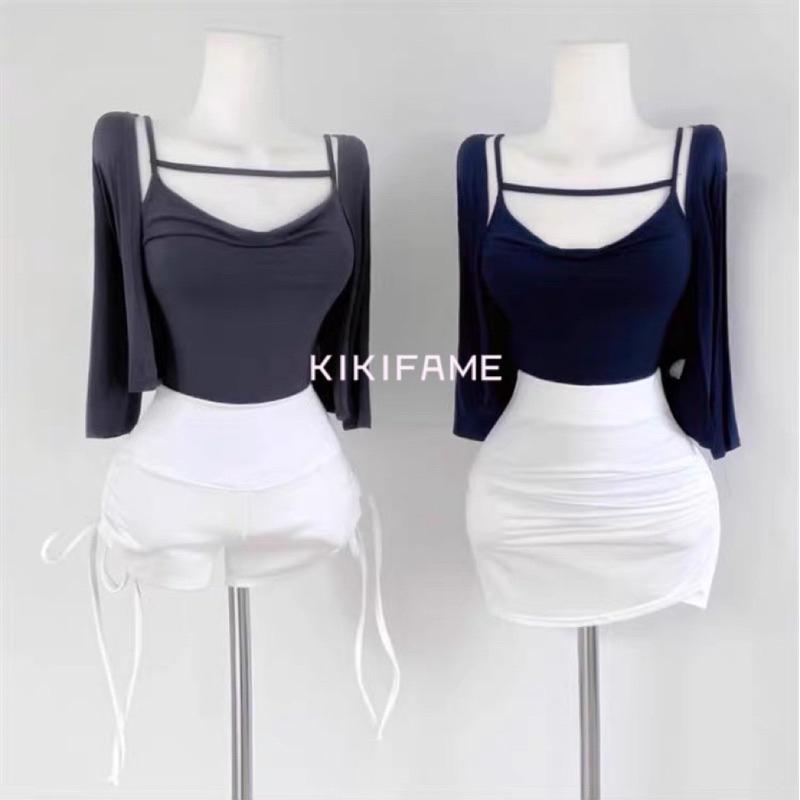 KIKIFAME🤍五色 韓妹小性感鏤空吊帶背心+開衫套裝 兩件套 鏤空背心 小外套 罩衫 兩件式上衣 套裝 短版背心