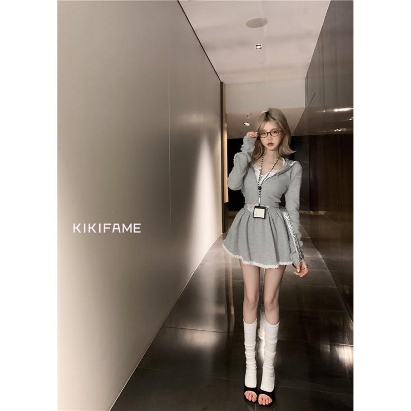 KIKIFAME🤍純欲休閒·兩色 蕾絲拼接連帽外套 蕾絲短裙 兩件套 短版外套 拉鏈外套 拼接外套 A字短裙 連帽套裝