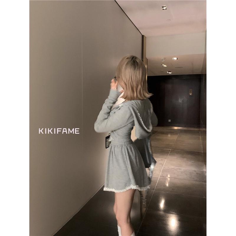 KIKIFAME🤍純欲休閒·兩色 蕾絲拼接連帽外套 蕾絲短裙 兩件套 短版外套 拉鏈外套 拼接外套 A字短裙 連帽套裝