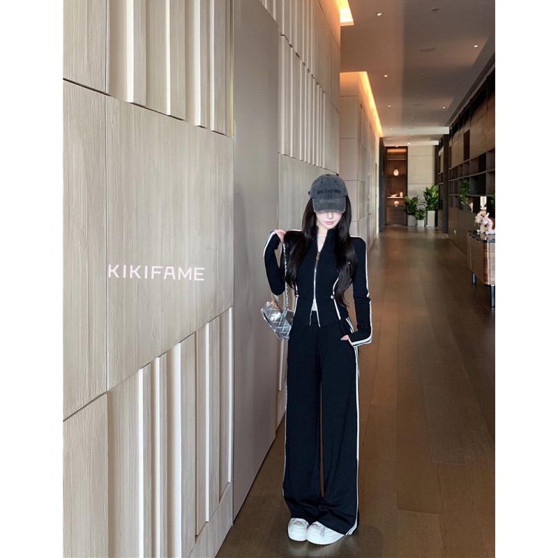 KIKIFAME🤍兩色 高級小香感·撞色立領拉鏈外套 高腰長褲 休閒套裝 長袖外套 休閒外套 休閒長褲 休閒褲 兩件套