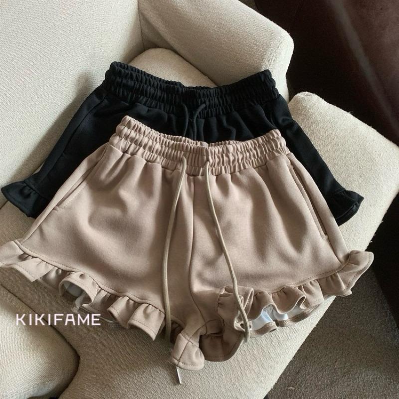 KIKIFAME🖤四色 韓系甜美荷葉邊鬆緊高腰短褲 百搭短褲 休閒短褲 運動短褲 闊腿褲 休閒褲 高腰褲 褲子 熱褲